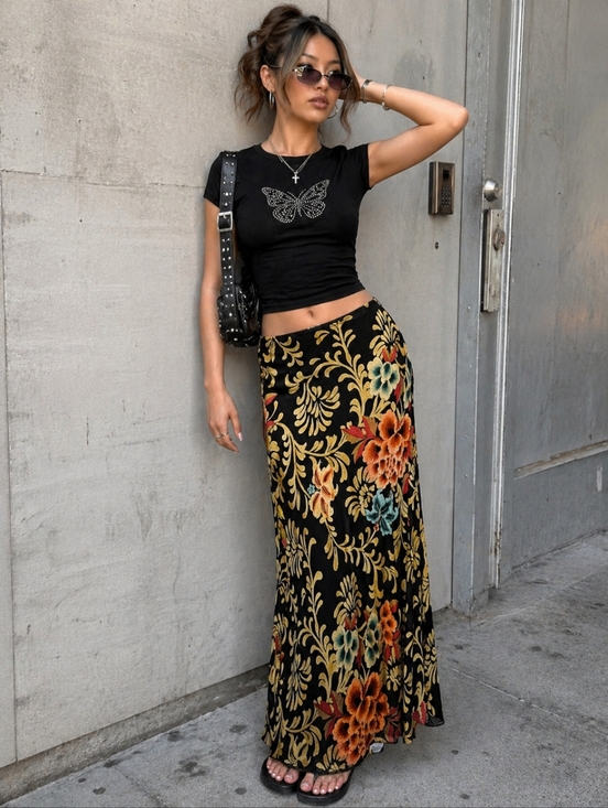 Nolita Dresses & Skirts - Vintage Y2K Nolita Floral Maxi Skirt Size L Ruffle Hem Sheer Overlay 90s